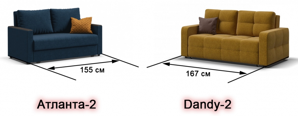 Сравнение размеров диванов Атланта-2 и Dandy-2